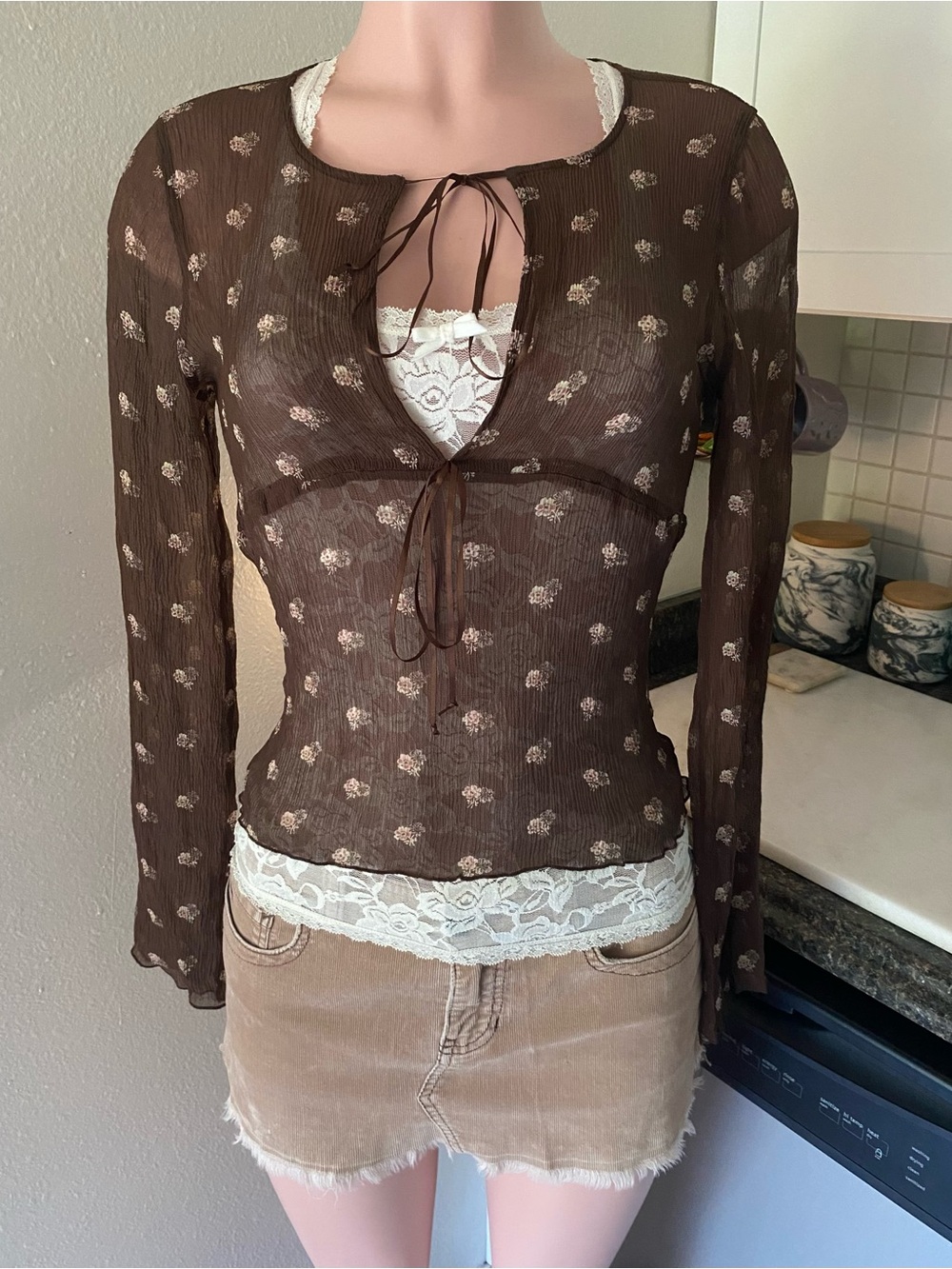 RARE Y2k vintage Hollister sheer silk tie waist brown floral long sleeve top.